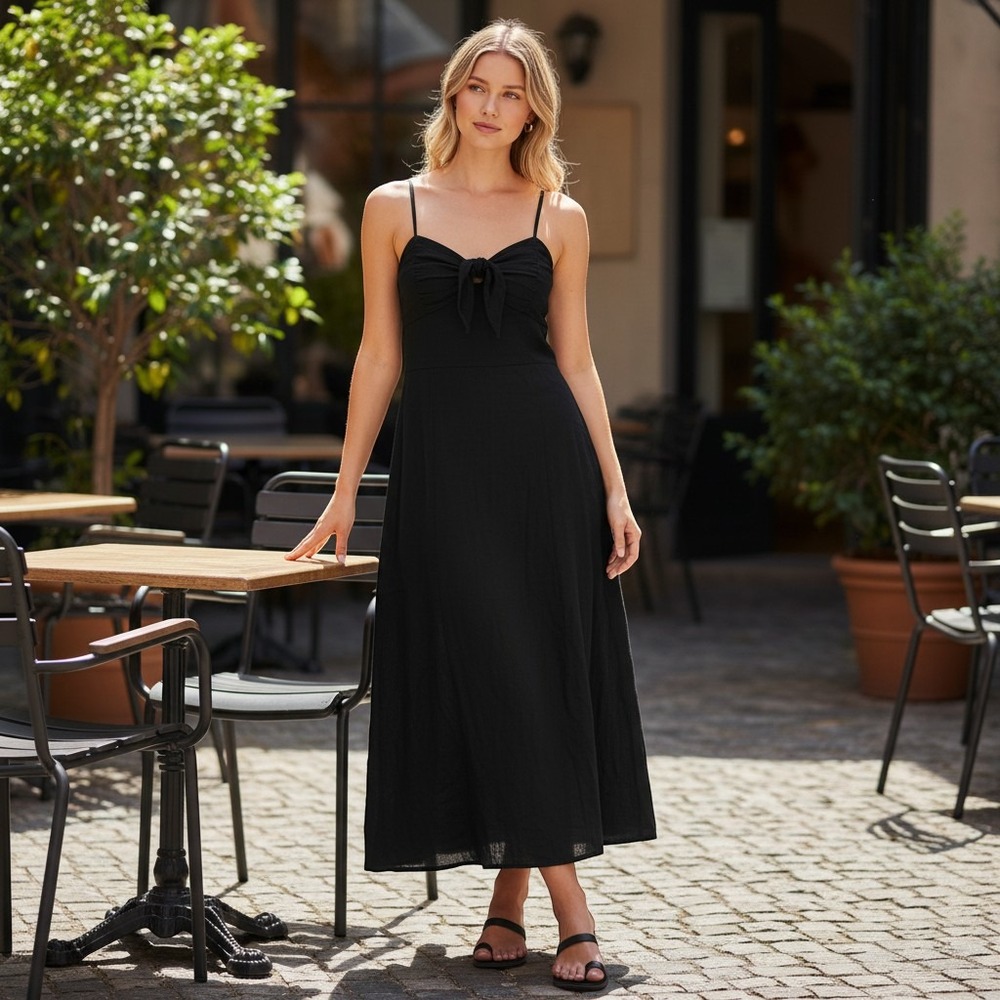 Zara Black Linen Blend Midi Dress Spaghetti Strap Cut Out Back NWT